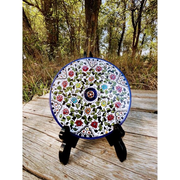 Vintage Stoneware tea trivet Hot Plate Blue floral Hand Painted - Picture 2 of 11